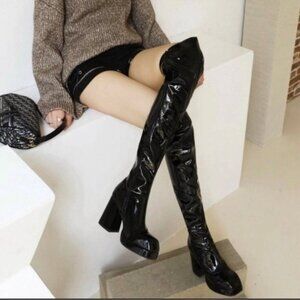 NEW Schutz Darlyn Patent Leather Over The Knee Boot 6 Black Platform Heel
